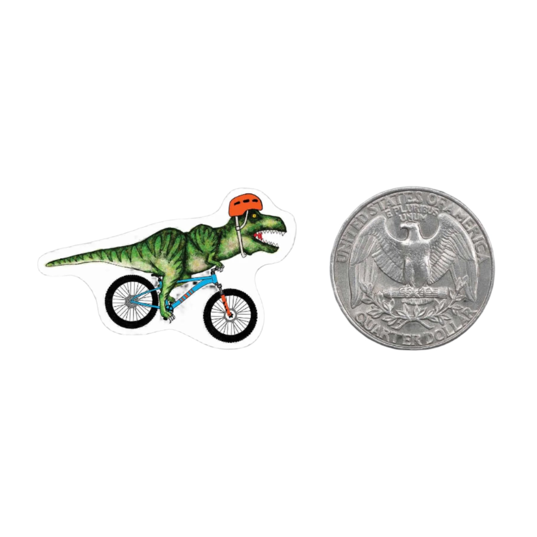 Rex Bike Mini Sticker with T-Rex riding bicycle wearing orange helmet – Funky Confetti